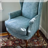 F42. Blue Queen Anne style upholstered chair. 38”h x 30”w x 29”d 